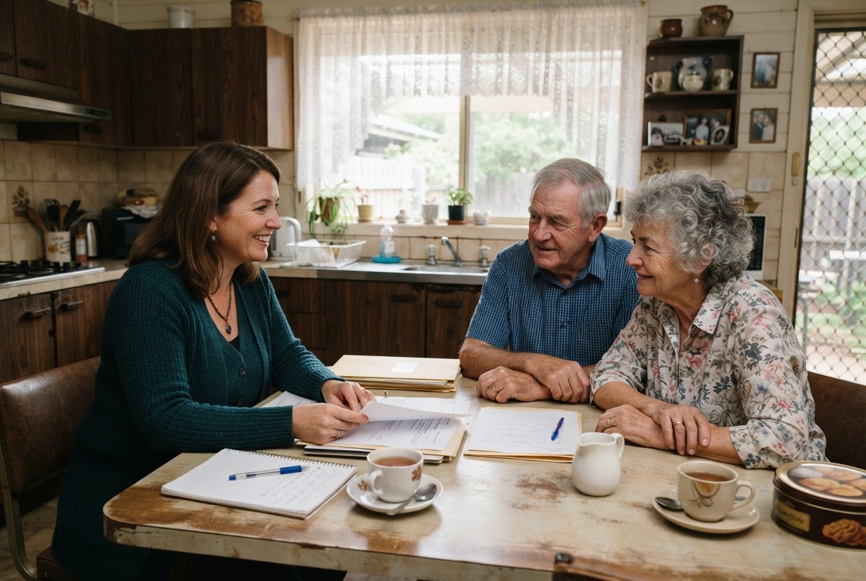 A Homesuite advocate talking through options with a couple at the kitchen table of their older family home