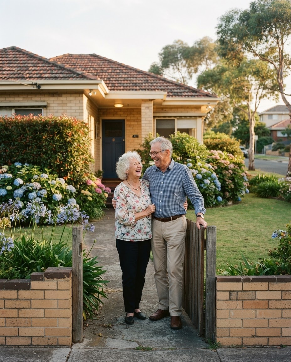 A retired couple laughing together at the front gate of their established brick family home